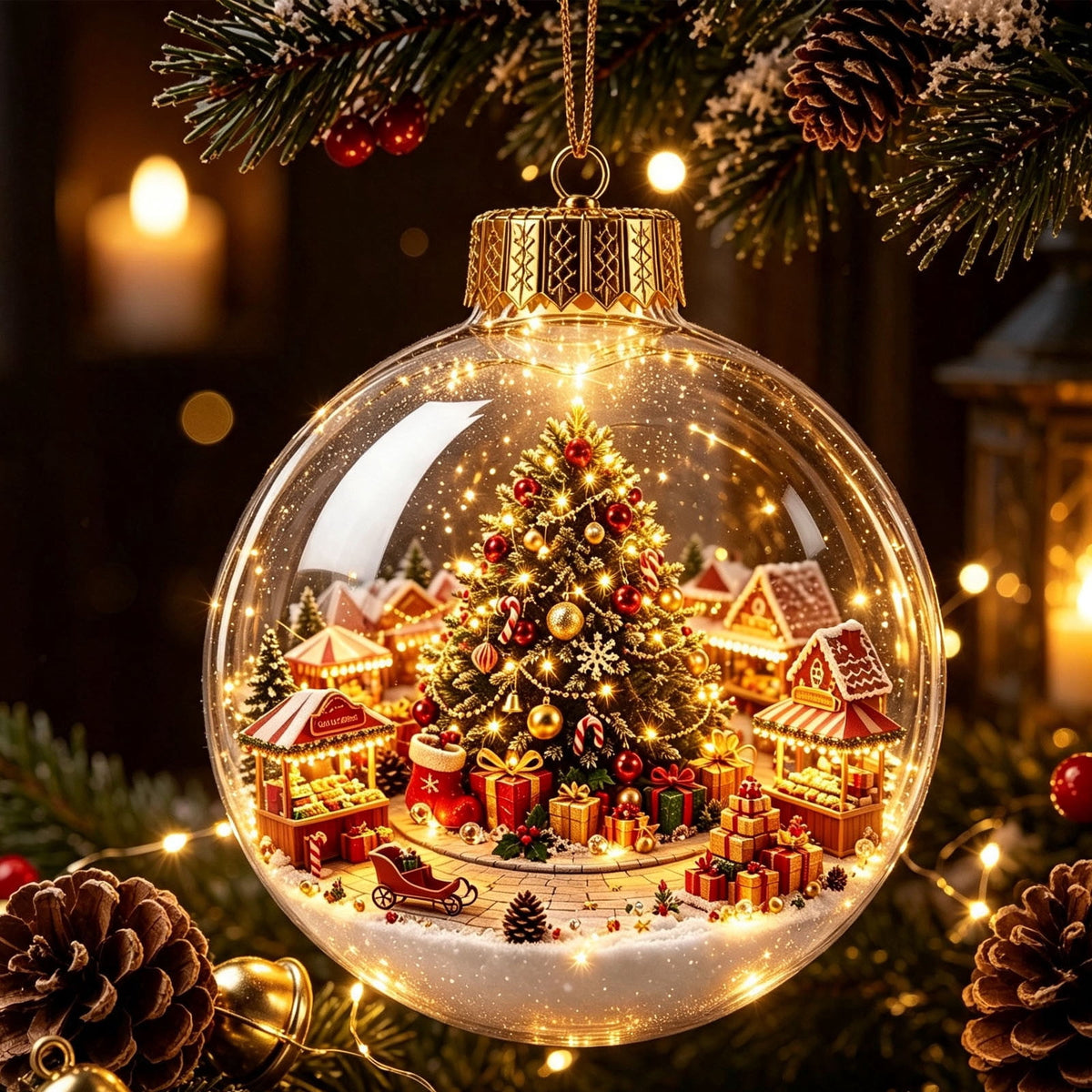 Glowing Christmas Scene Ornament Clearance, 3.15 Inch Light Up Mini Holiday Bauble with Warm LED, Xmas Tree Hanging Decor for Window Mantel Shelf