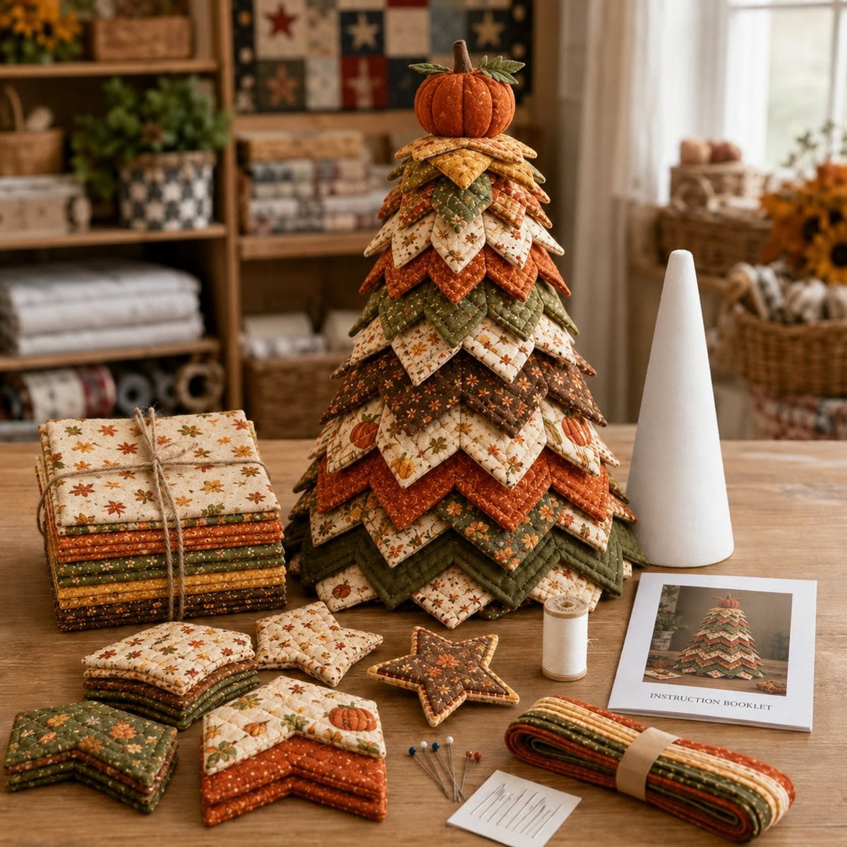 DIY Quilted Christmas Tree Kit Handmade Fabric Tabletop Holiday Decor, Patchwork Craft with Character Topper for Mantel Shelf