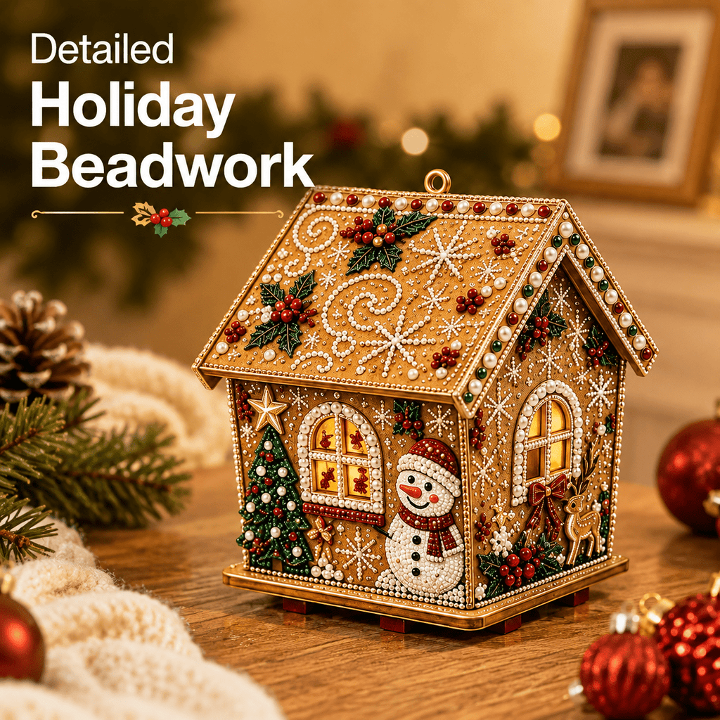 Christmas Pearl Bead Art Kit 3D House Ornament Craft Set For Christmas Tree Tabletop Mantel Shelf And Indoor Winter Holiday Decoration White