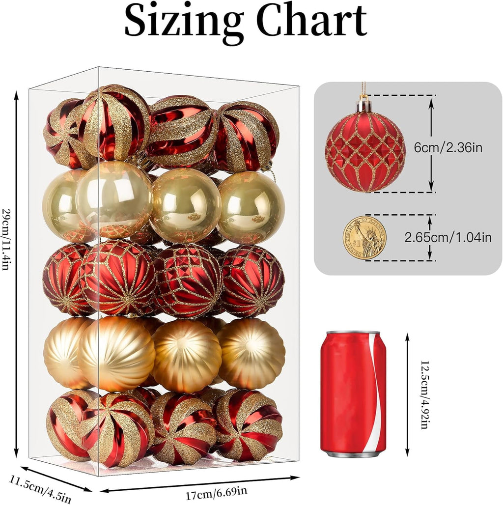 30ct Christmas Ball Ornaments, 2.36 in Shatterproof Xmas Tree Decorations, Plastic Baubles for Holiday, Party, Wedding, or Home Decor, Red & Gold