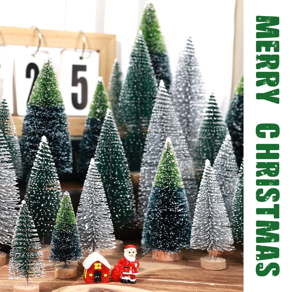 Ayieyill 30PCS Artificial Mini Christmas Trees, Upgrade Sisal Pine Trees with Wood Base Bottle Brush Trees for Christmas Table Top Decor(Green, Gold and Ivory)