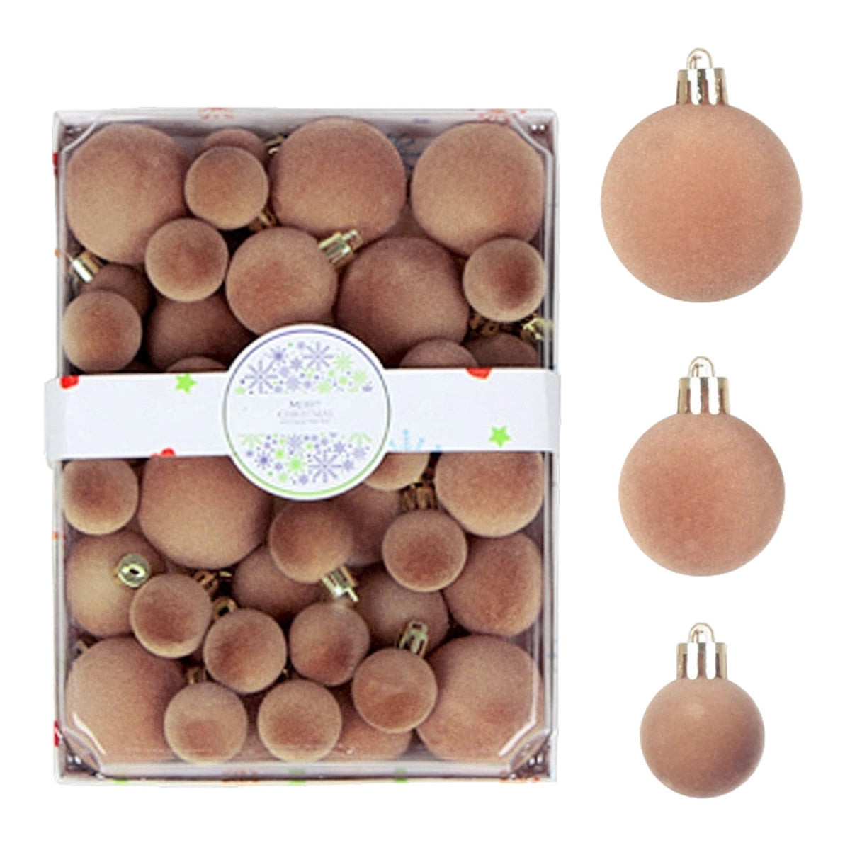Christmas Ball Ornaments 42 Piece Flocked Gold Tan Velvet Assorted Box Set Tree Hanging Baubles