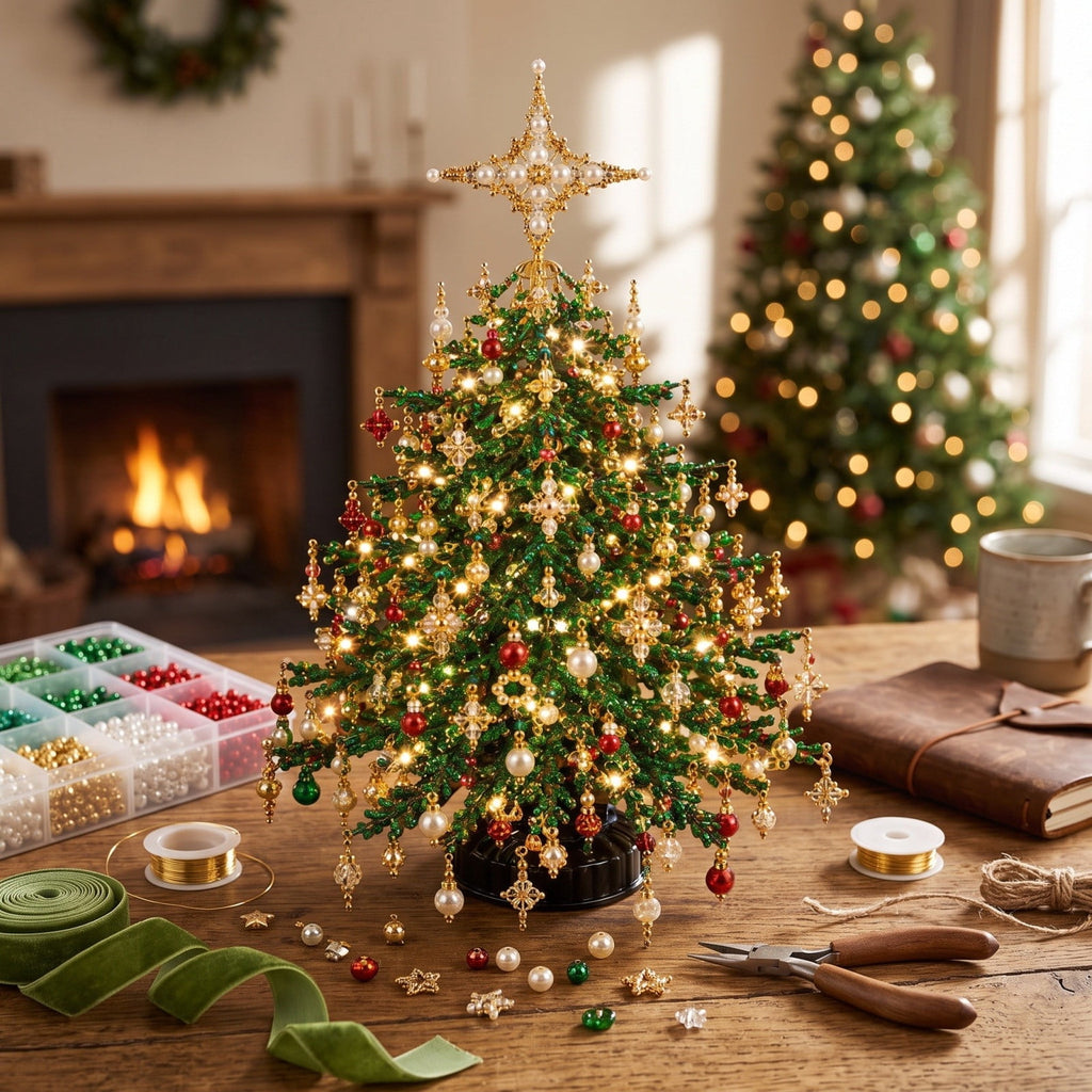 Clearance DIY Beaded Christmas Tree Kit, Crystal Holiday Craft Set for Adults, Colorful Beads, Ornament Charms, Metal Frame, Warm Glow Display, Tabletop Decor, Christmas Gift (Classic)