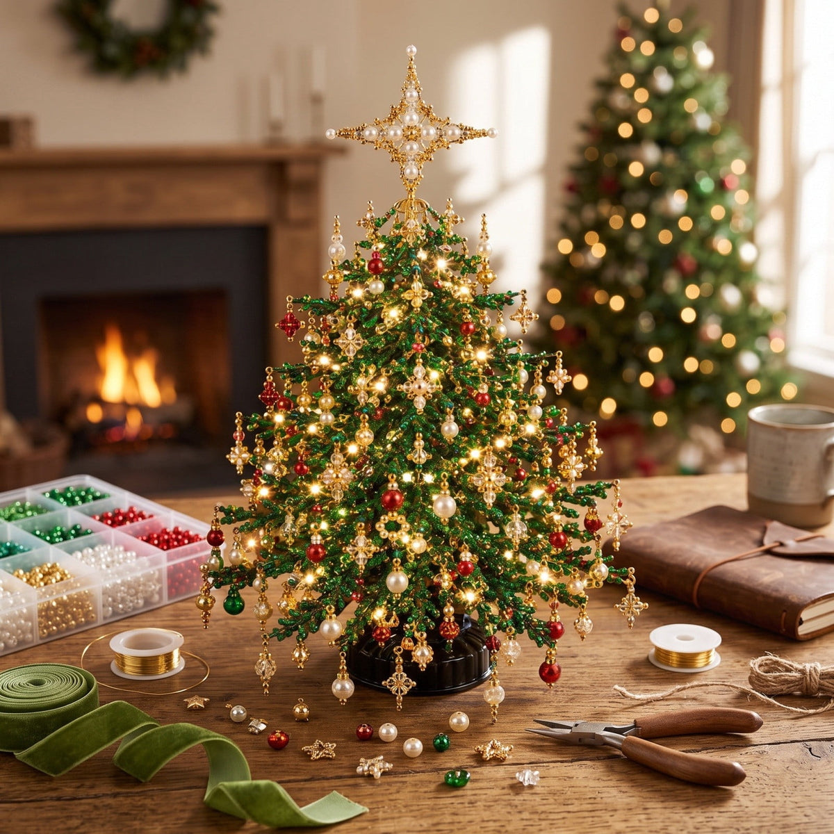 Clearance DIY Beaded Christmas Tree Kit, Crystal Holiday Craft Set for Adults, Colorful Beads, Ornament Charms, Metal Frame, Warm Glow Display, Tabletop Decor, Christmas Gift (Classic)