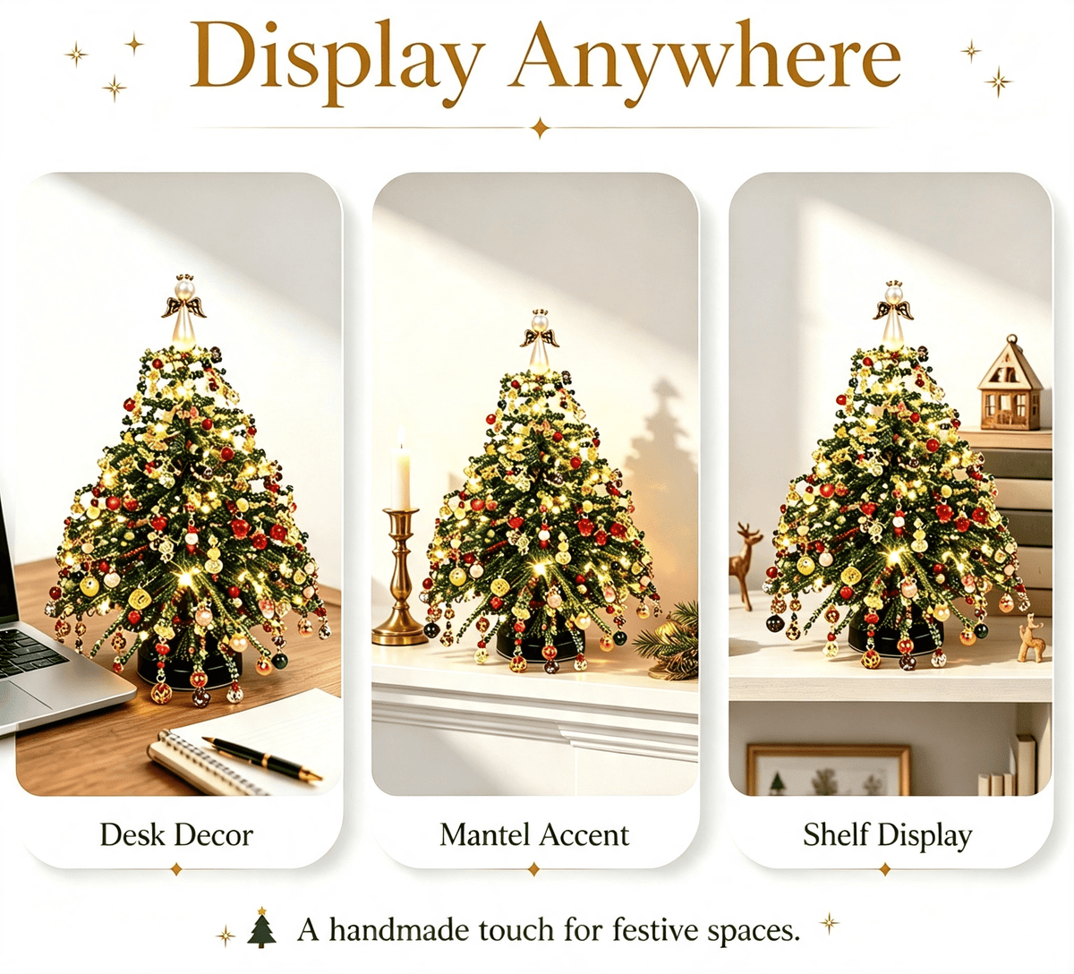 Clearance DIY Beaded Christmas Tree Kit, Crystal Holiday Craft Set for Adults, Colorful Beads, Ornament Charms, Metal Frame, Warm Glow Display, Tabletop Decor, Christmas Gift (Classic)