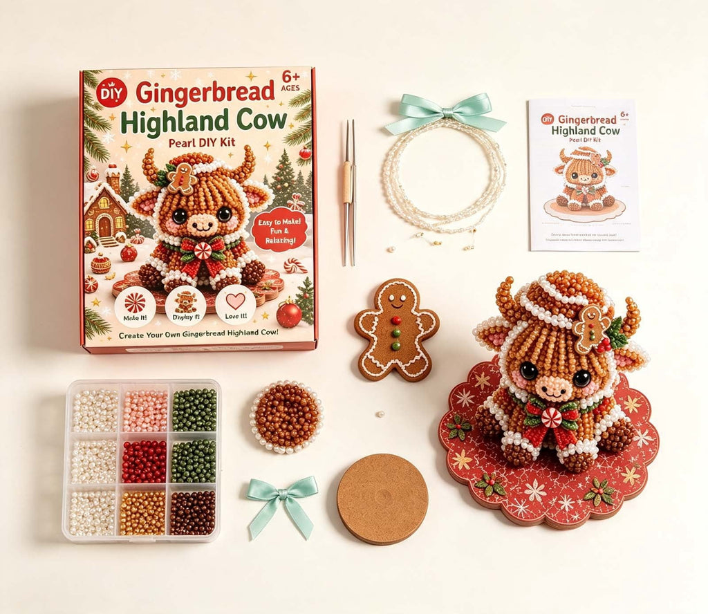 MYUNNIL Christmas Highland Cow 3D Pearl Bead Kit, Small Cute Beginner Friendly Complete Animal Themed Handcraft Set, Fun Whimsical Decorative Ornament for Home Decor & Holiday Gift, ( Xmas Tree )