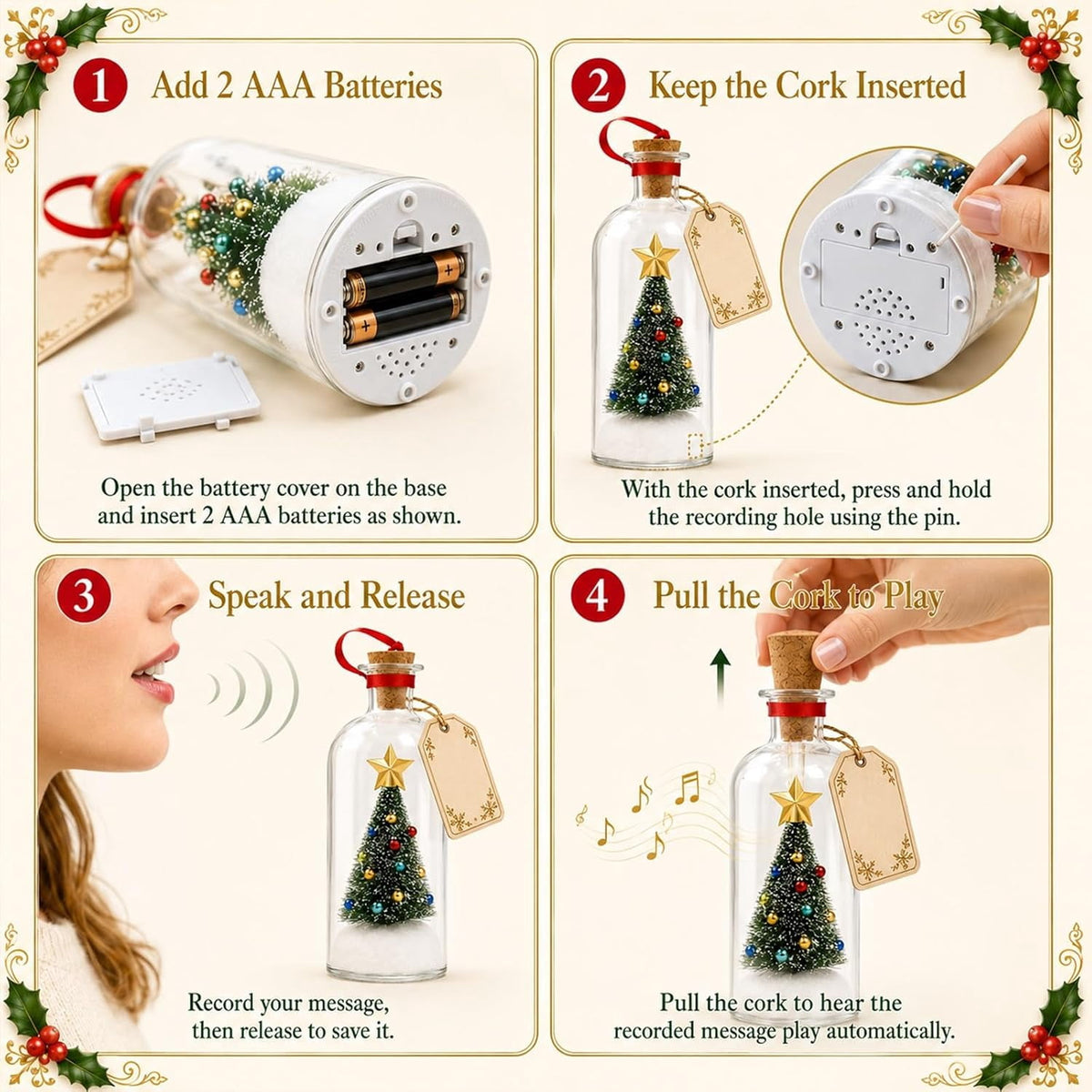 JASKFLY Recordable Christmas Tree Message in a Bottle, Voice Recording Holiday Keepsake with Playback, Snowy Scene, Glass, Green, 1 Count