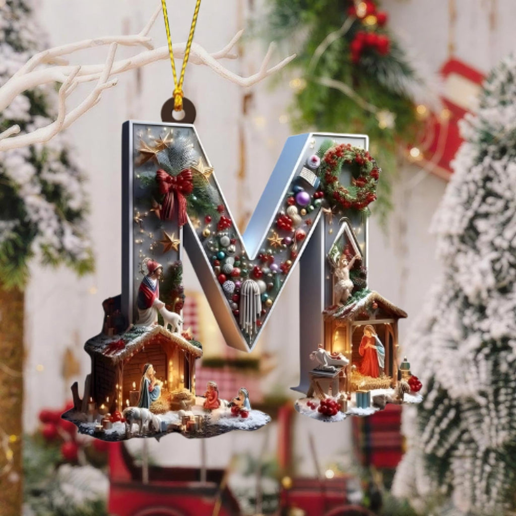 Nativity Scene Letters Ornament, A to Z Alphabet Ornaments for Xmas Tree, Jesus Letters Initial 2D Acrylic Flat Hanging Decoration, The Birth of Jesus Design, Rear view-Christian Gifts for Family (M)