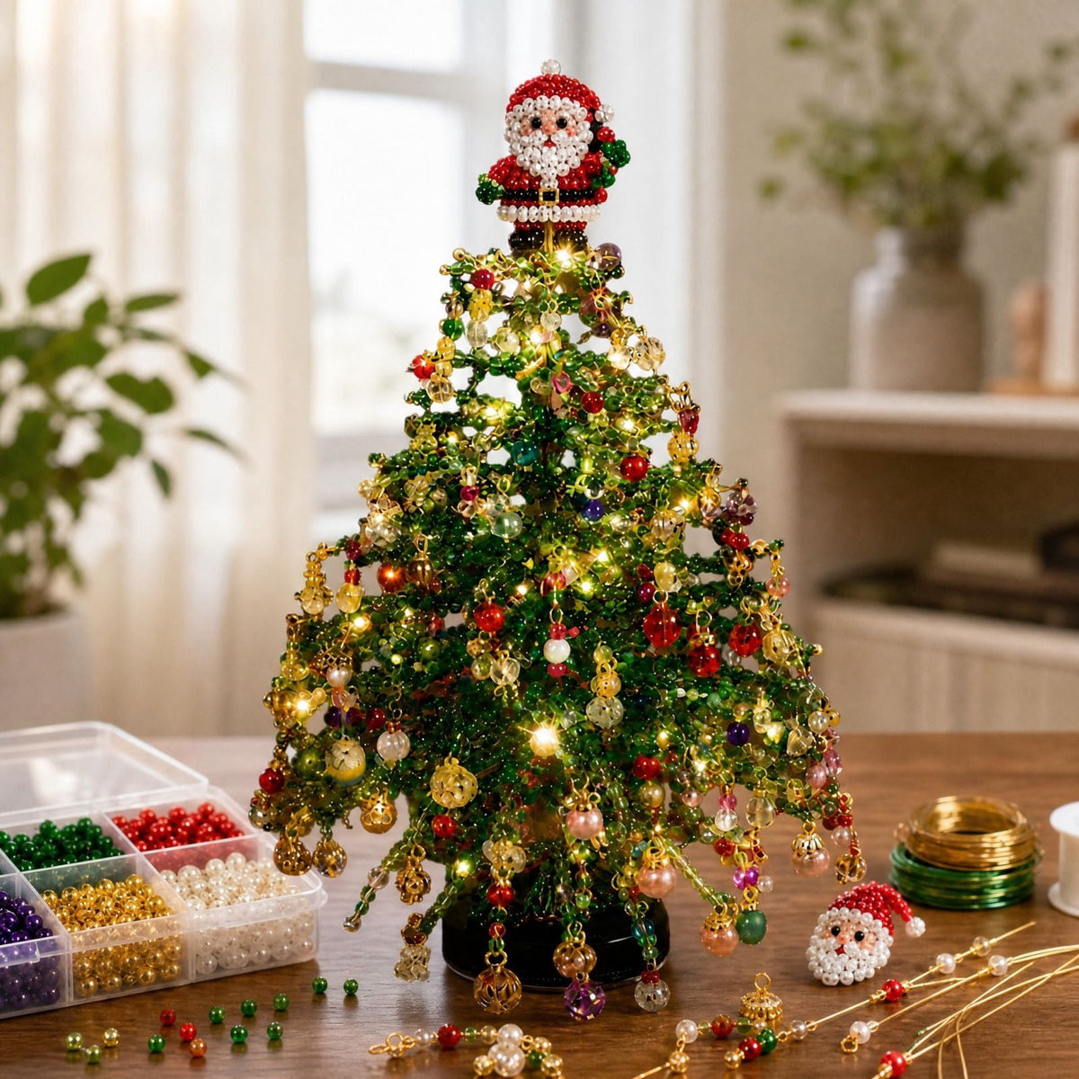 Clearance DIY Beaded Christmas Tree Kit, Crystal Holiday Craft Set for Adults, Colorful Beads, Ornament Charms, Metal Frame, Warm Glow Display, Tabletop Decor, Christmas Gift (Classic)