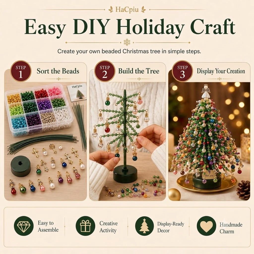 HaCpiu DIY Christmas Tree Mini Beaded Kits Set, 3D Wire Tabletop Seasonal Tree Beaded Kits Decor for Desk Mantel Shelf, Creative Christmas Holiday Craft Kit for Adults