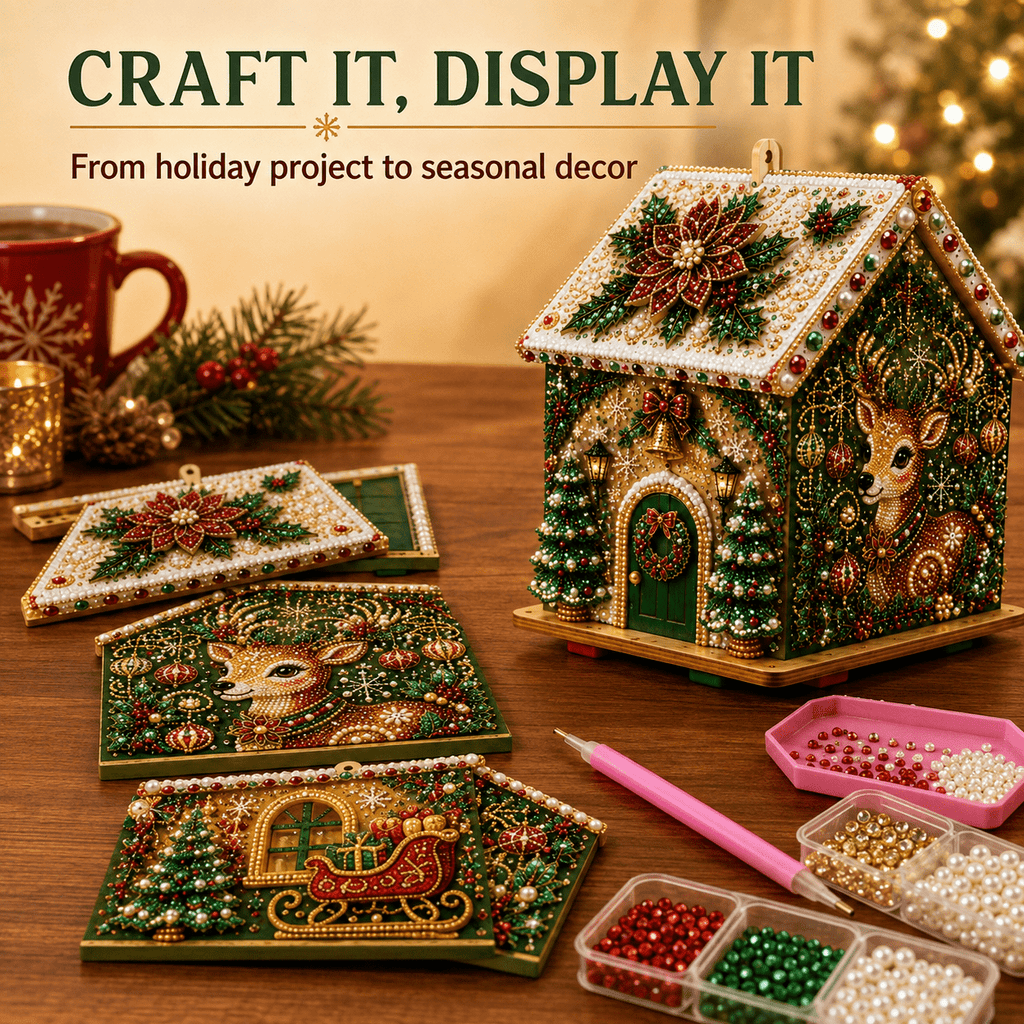 Christmas Pearl Bead Art Kit 3D House Ornament Craft Set For Christmas Tree Tabletop Mantel Shelf And Indoor Winter Holiday Decoration White