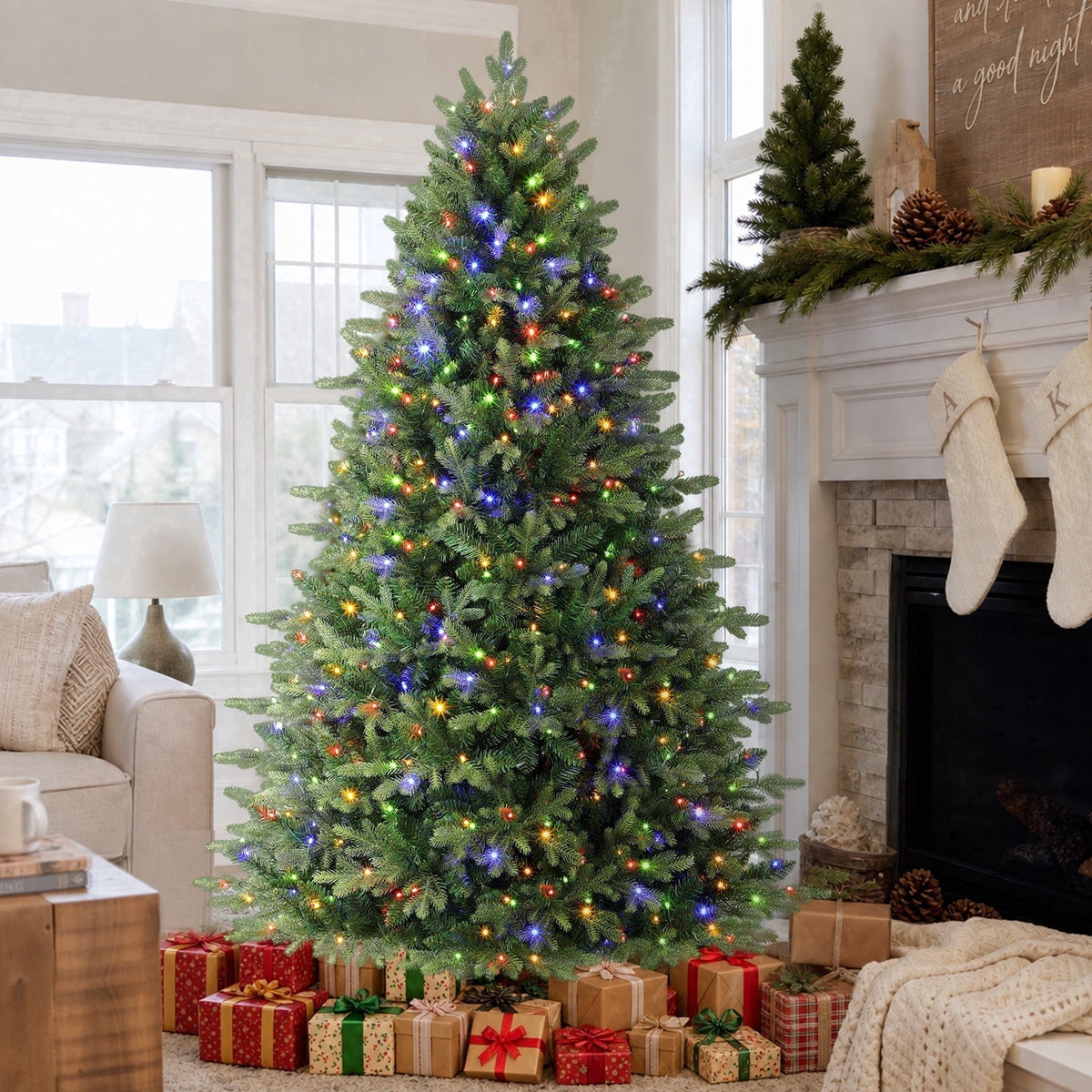 Lolsea 5.5ft Prelit Noble Fir Artificial Christmas Tree with Remote Control, Timer and Warm White & Multi-Color Lights