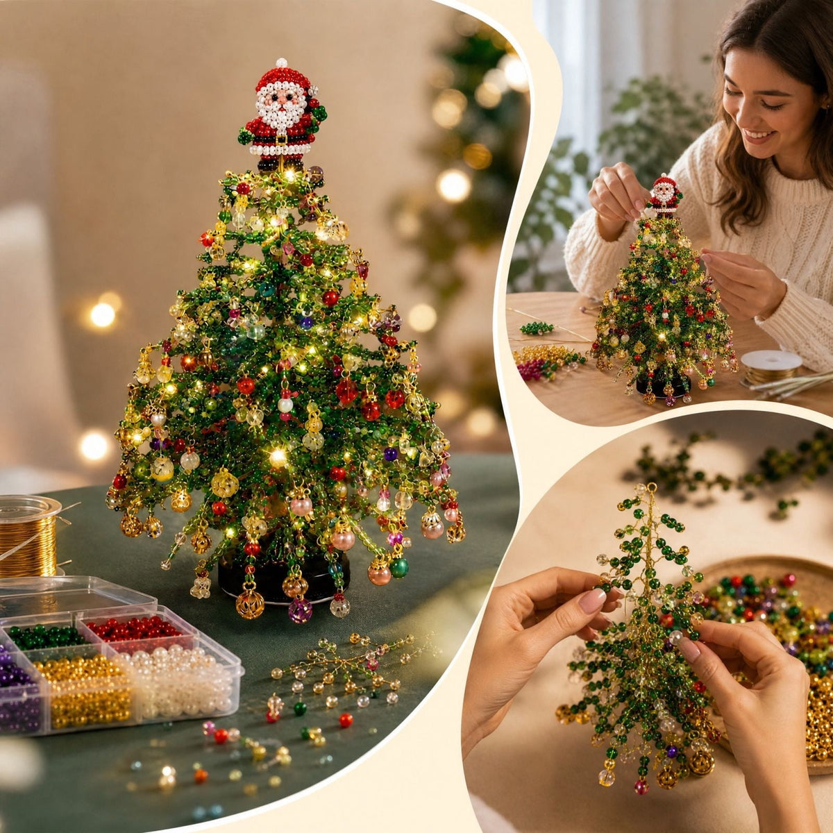 Clearance DIY Beaded Christmas Tree Kit, Crystal Holiday Craft Set for Adults, Colorful Beads, Ornament Charms, Metal Frame, Warm Glow Display, Tabletop Decor, Christmas Gift (Classic)