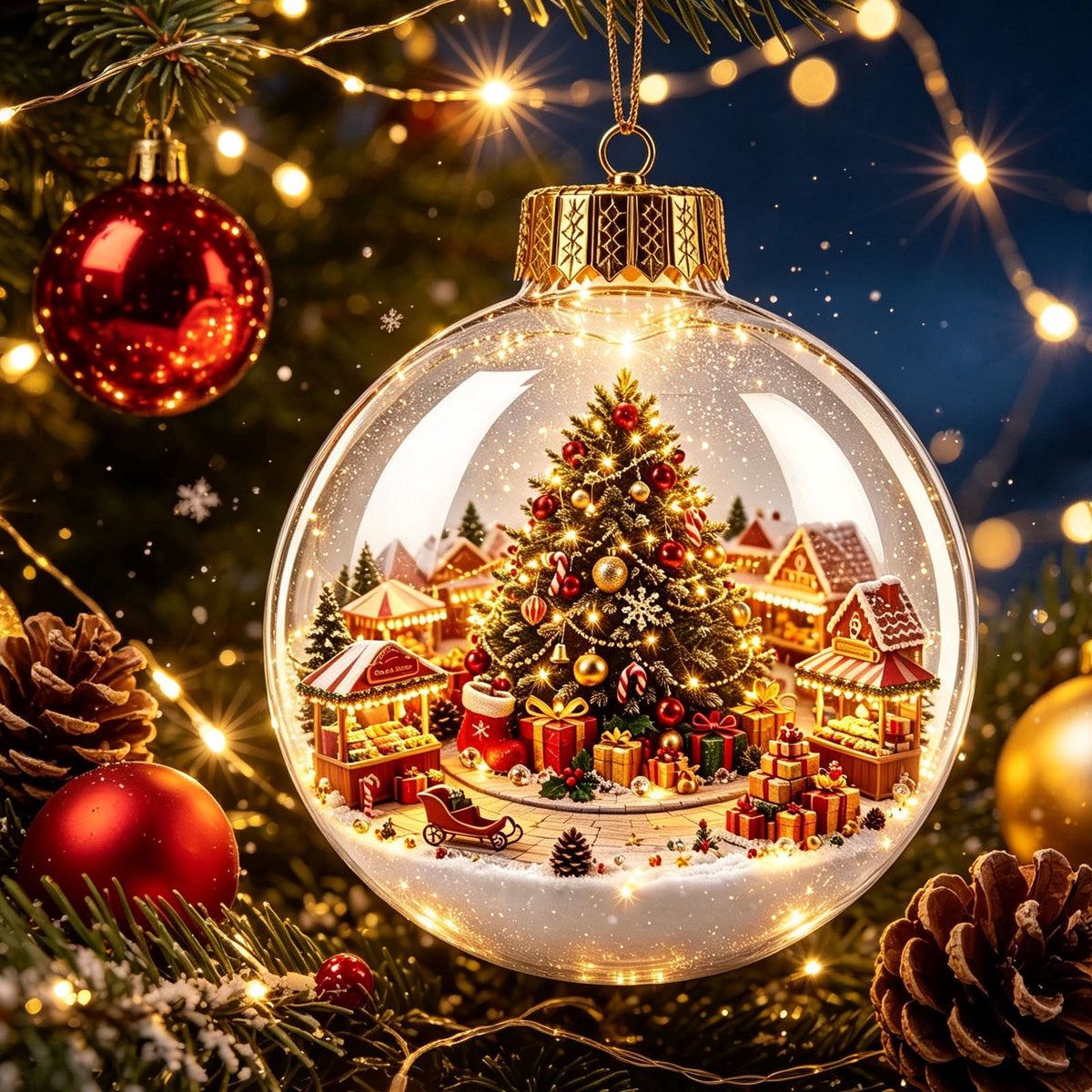 Glowing Christmas Scene Ornament Clearance, 3.15 Inch Light Up Mini Holiday Bauble with Warm LED, Xmas Tree Hanging Decor for Window Mantel Shelf