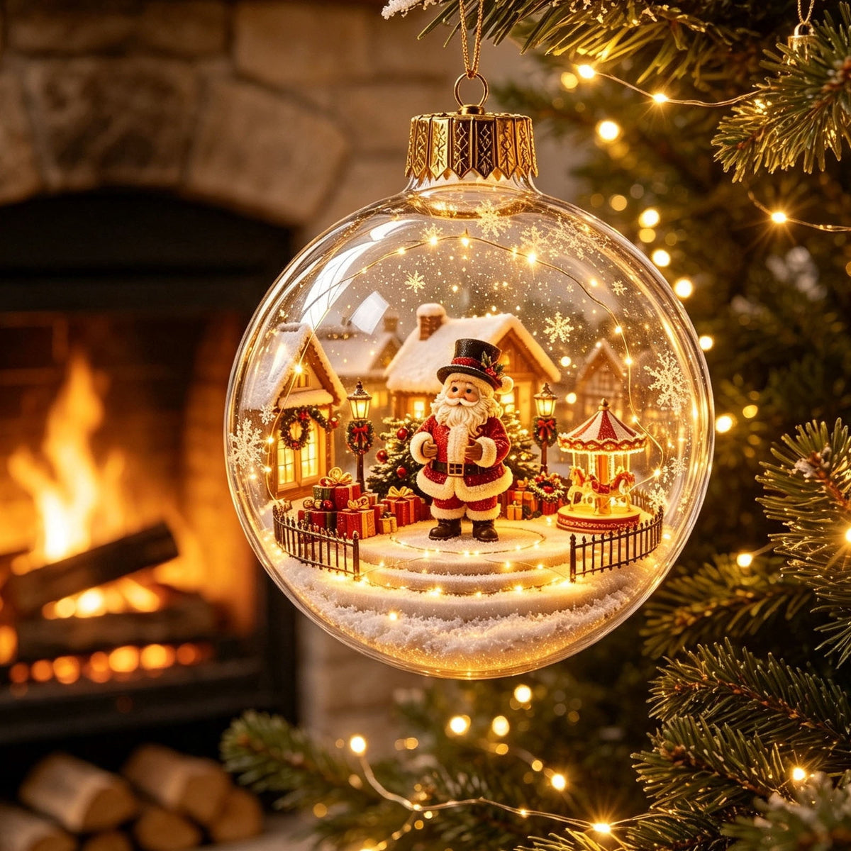 Glowing Christmas Scene Ornament Clearance, 3.15 Inch Light Up Mini Holiday Bauble with Warm LED, Xmas Tree Hanging Decor for Window Mantel Shelf