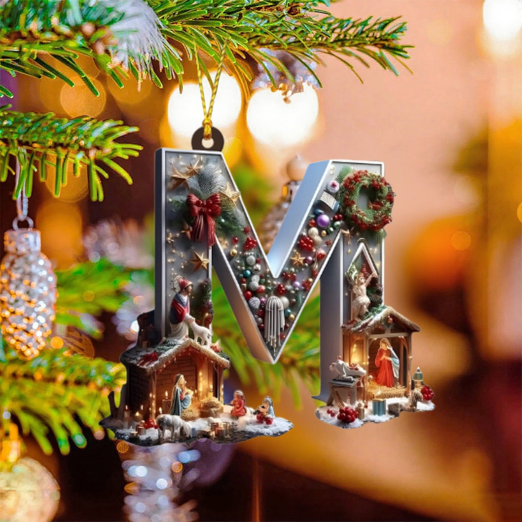 Nativity Scene Letters Ornament, A to Z Alphabet Ornaments for Xmas Tree, Jesus Letters Initial 2D Acrylic Flat Hanging Decoration, The Birth of Jesus Design, Rear view-Christian Gifts for Family (M)