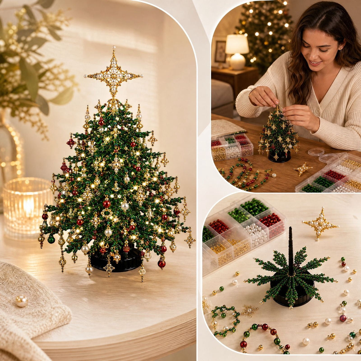 Clearance DIY Beaded Christmas Tree Kit, Crystal Holiday Craft Set for Adults, Colorful Beads, Ornament Charms, Metal Frame, Warm Glow Display, Tabletop Decor, Christmas Gift (Classic)
