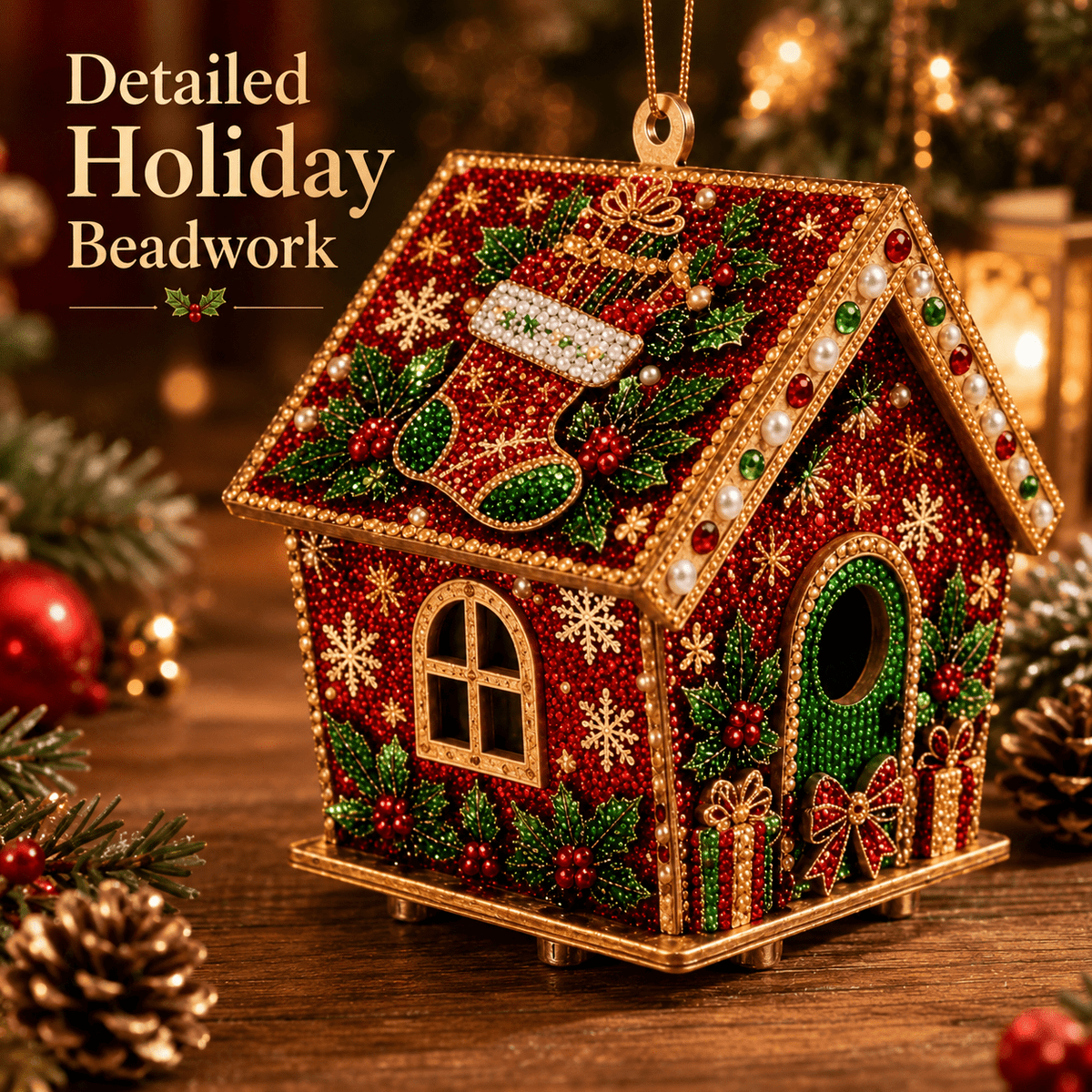 Christmas Pearl Bead Art Kit 3D House Ornament Craft Set For Christmas Tree Tabletop Mantel Shelf And Indoor Winter Holiday Decoration White