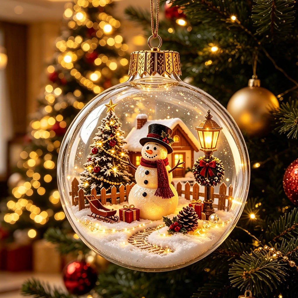 Glowing Christmas Scene Ornament Clearance, 3.15 Inch Light Up Mini Holiday Bauble with Warm LED, Xmas Tree Hanging Decor for Window Mantel Shelf