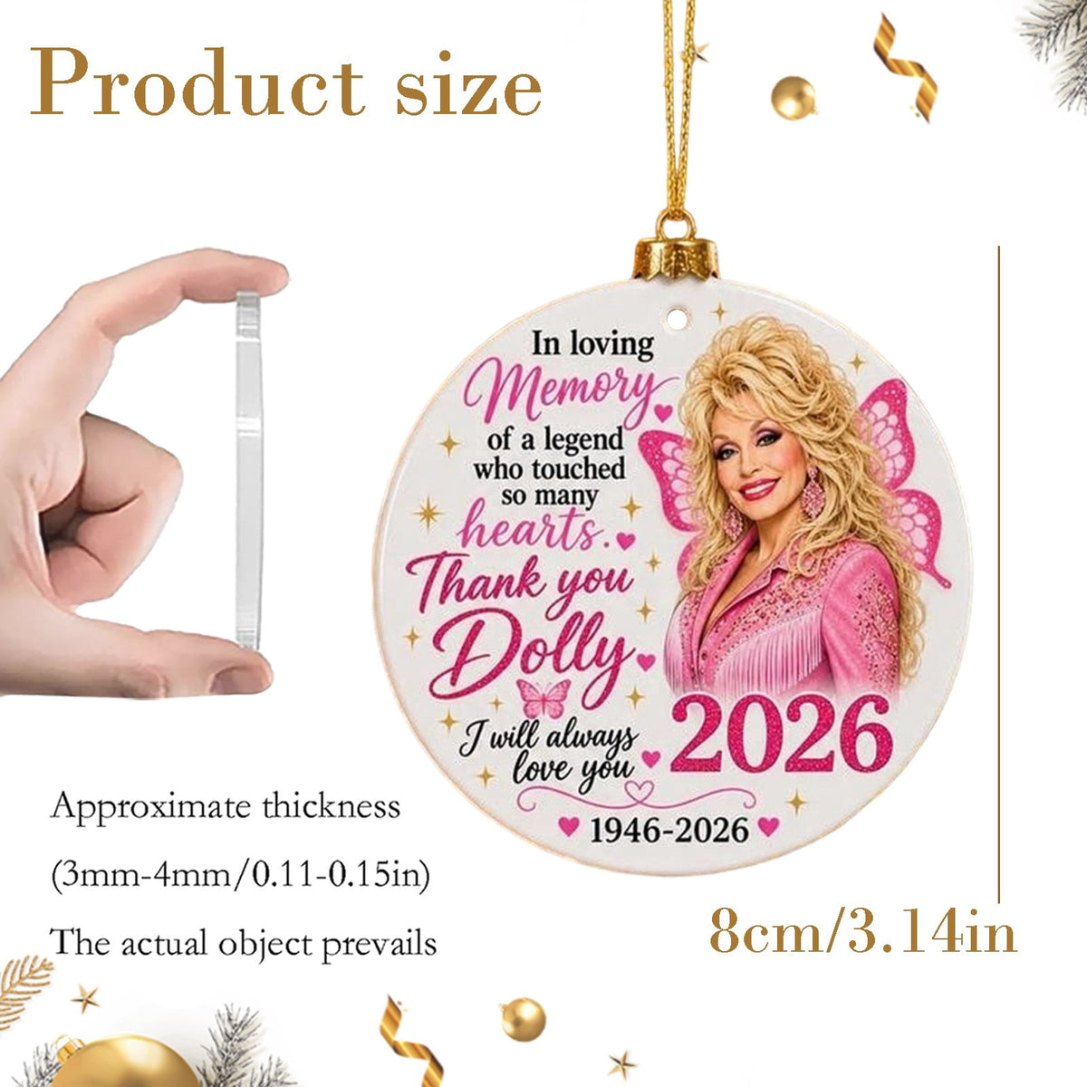 Dolly Memorial Acrylic Christmas Ornament Themed Christmas Ornament for Tree Car Office Home Dolly Themed Xmas Hanging Decor Country Music Holiday Decoration Gift