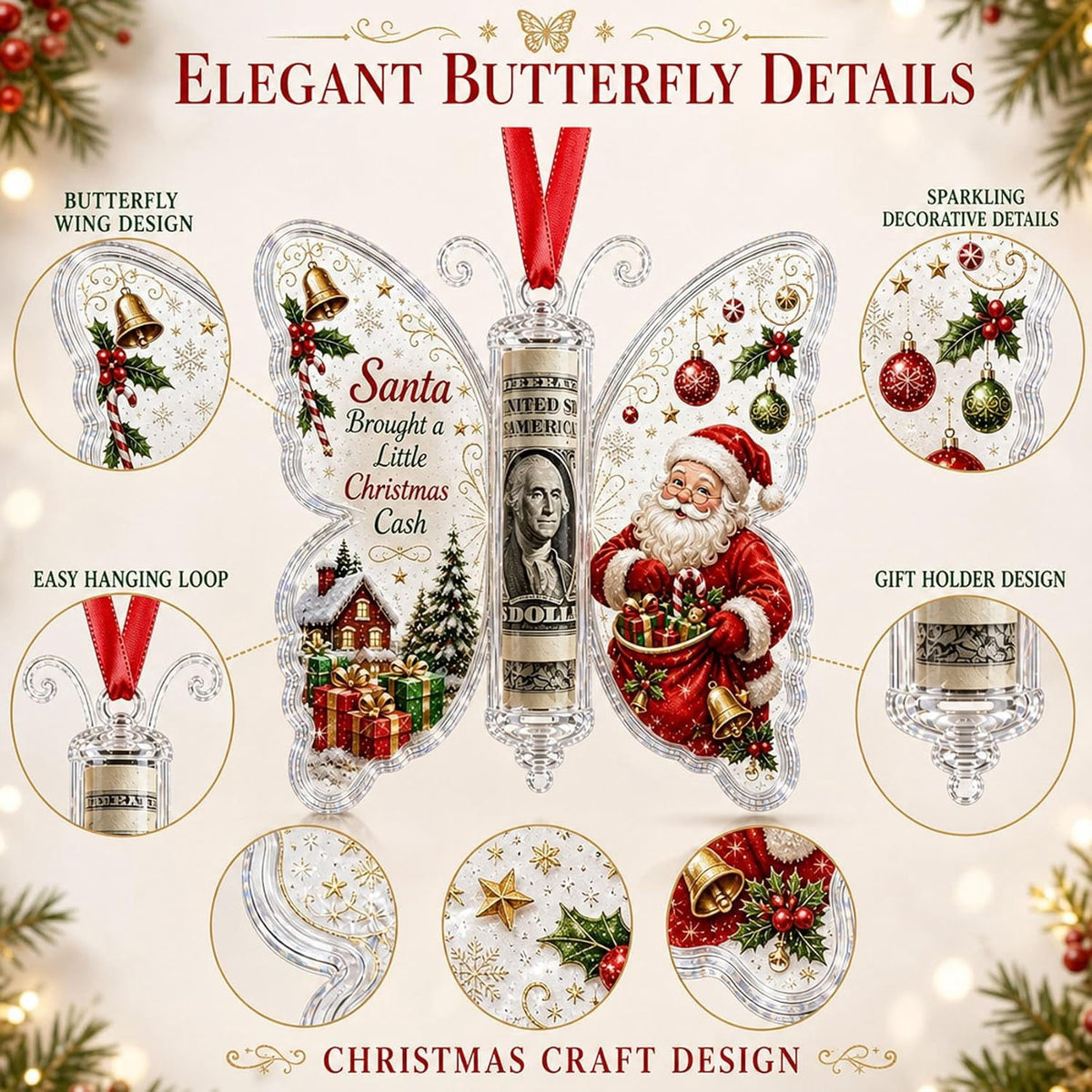 Christmas Cash Gift Butterfly Ornament, Holiday Money Holder Keepsake,Butterfly Christmas Money Gift Ornament, Acrylic Money Holder Christmas Tree Hanging, Rolled Bill Cash Gift Holder, for Xmas