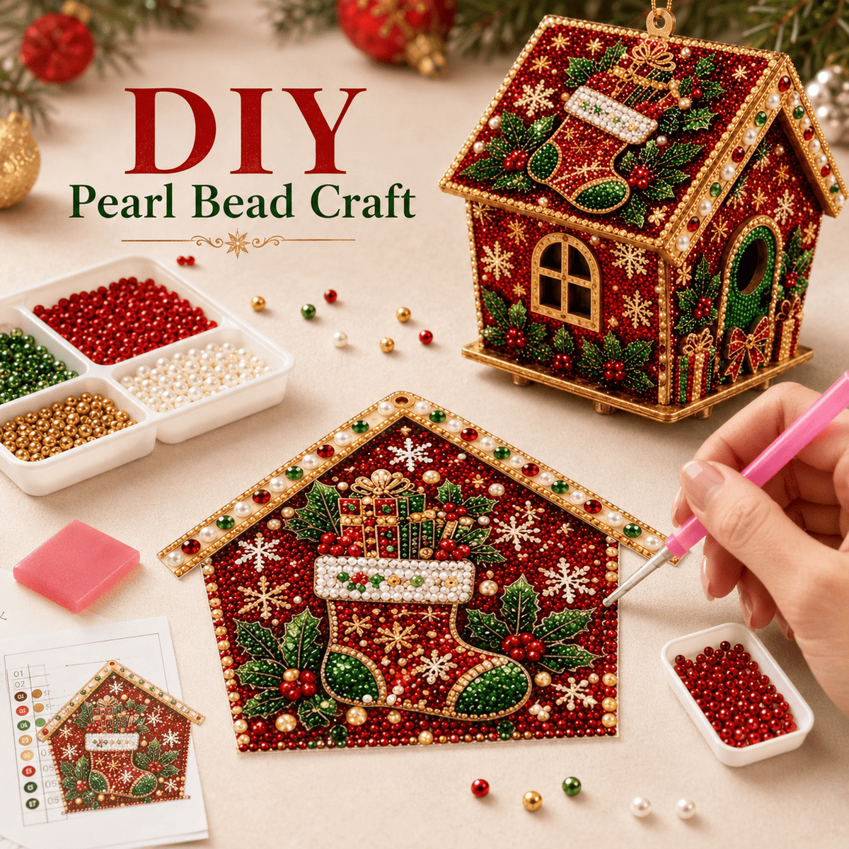 Christmas Pearl Bead Art Kit 3D House Ornament Craft Set For Christmas Tree Tabletop Mantel Shelf And Indoor Winter Holiday Decoration White