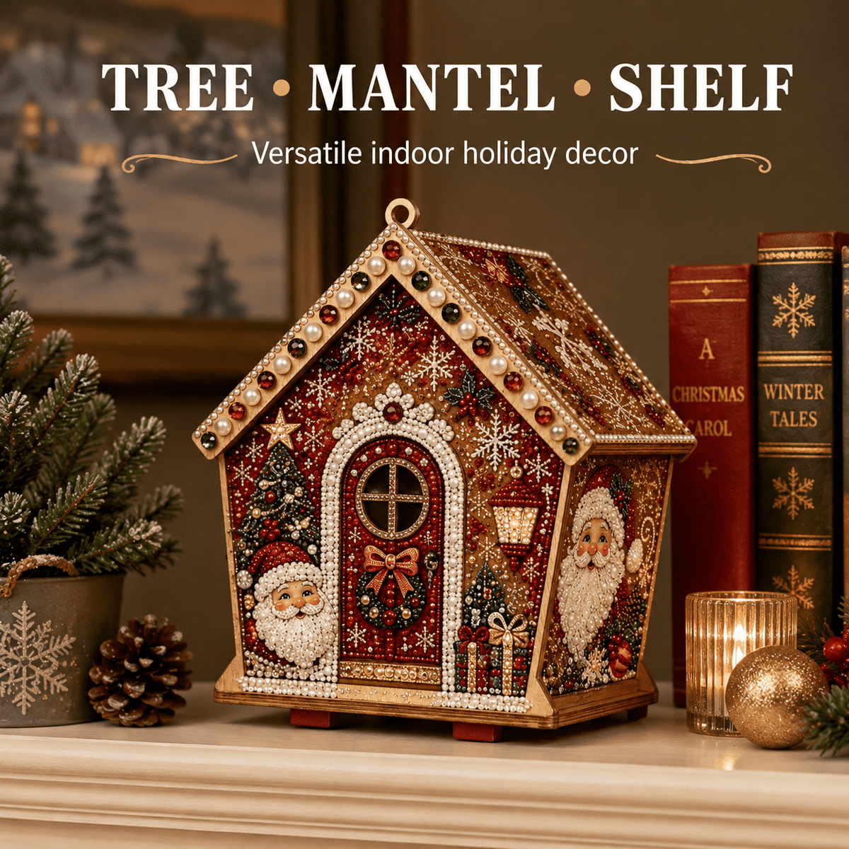 Christmas Pearl Bead Art Kit 3D House Ornament Craft Set For Christmas Tree Tabletop Mantel Shelf And Indoor Winter Holiday Decoration White
