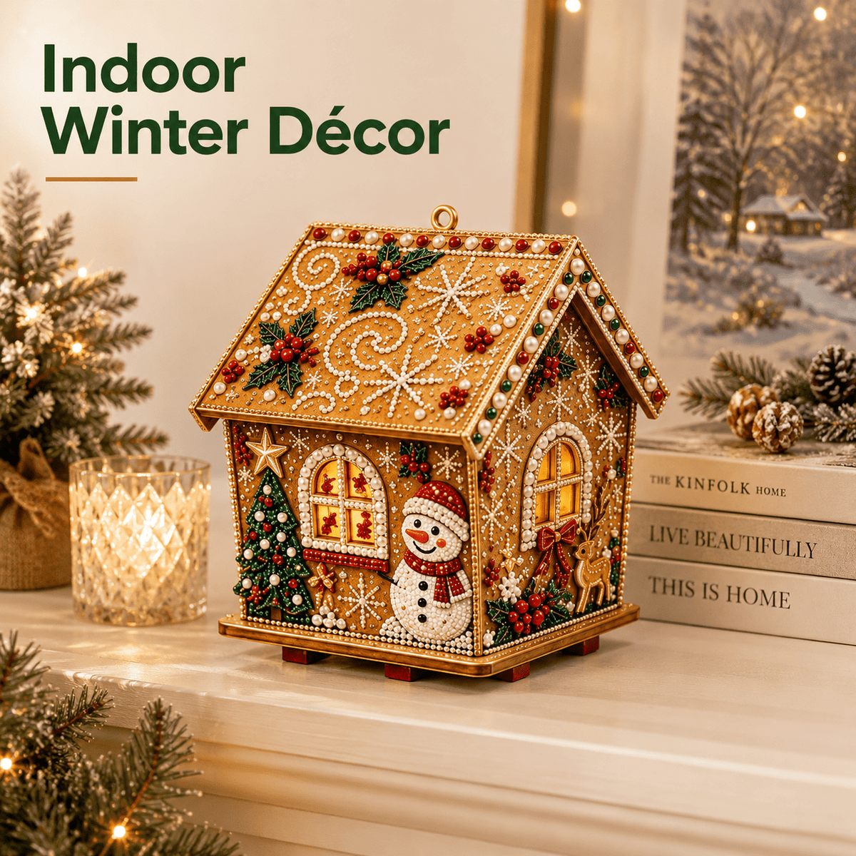 Christmas Pearl Bead Art Kit 3D House Ornament Craft Set For Christmas Tree Tabletop Mantel Shelf And Indoor Winter Holiday Decoration White