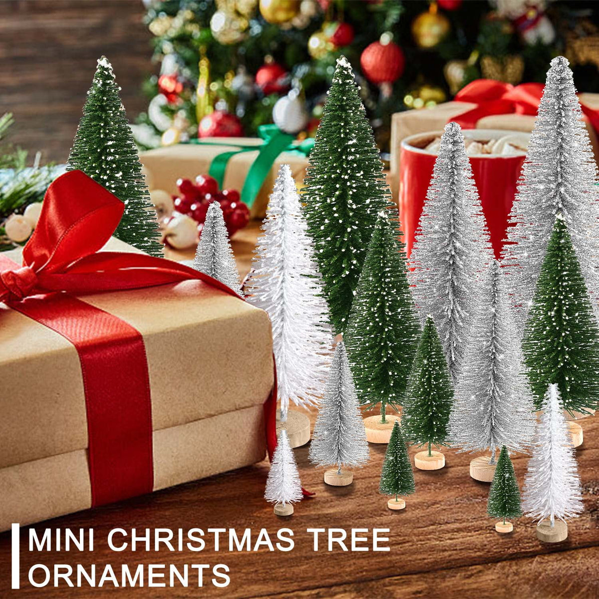 Ayieyill 30PCS Artificial Mini Christmas Trees, Upgrade Sisal Pine Trees with Wood Base Bottle Brush Trees for Christmas Table Top Decor(Green, Gold and Ivory)