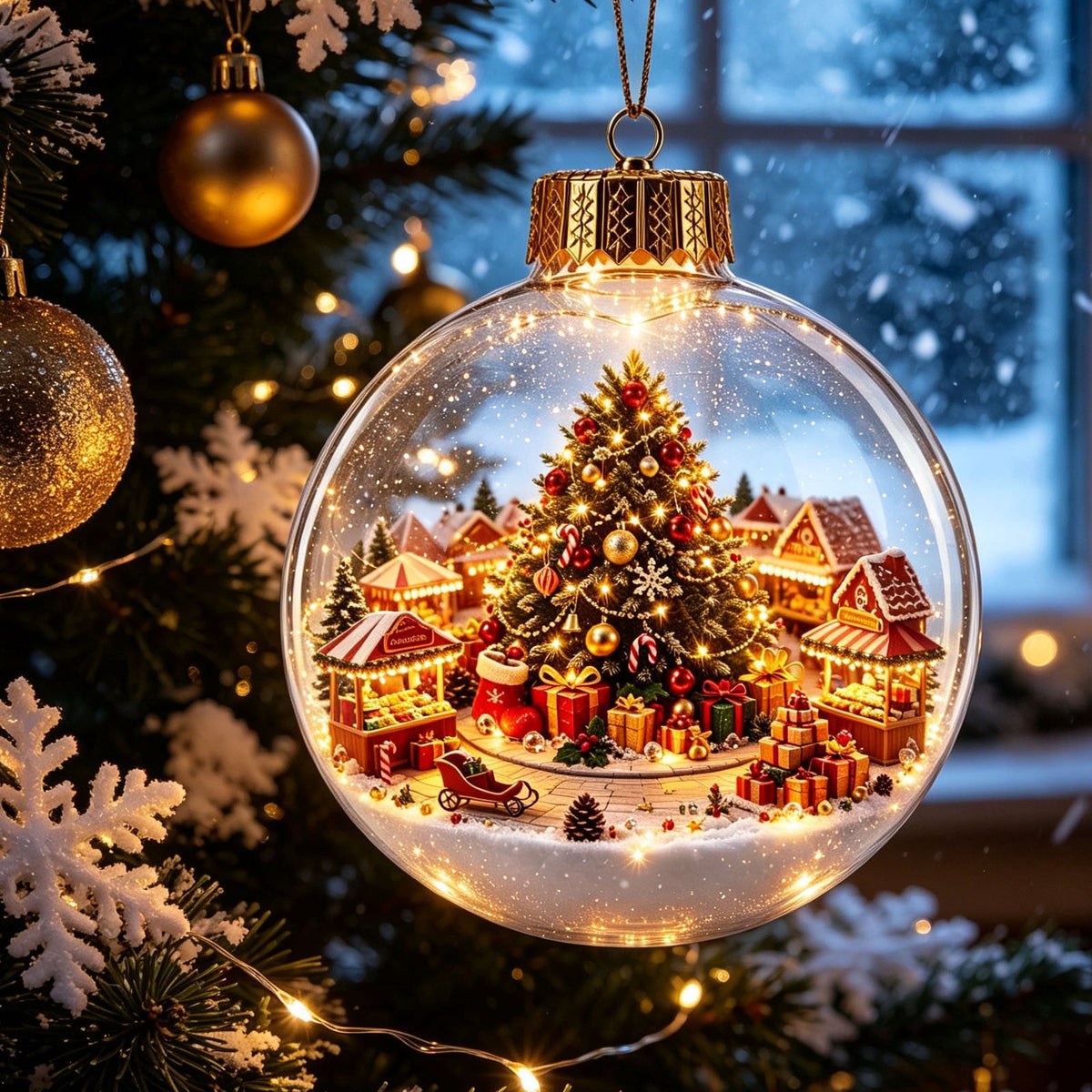 Glowing Christmas Scene Ornament Clearance, 3.15 Inch Light Up Mini Holiday Bauble with Warm LED, Xmas Tree Hanging Decor for Window Mantel Shelf