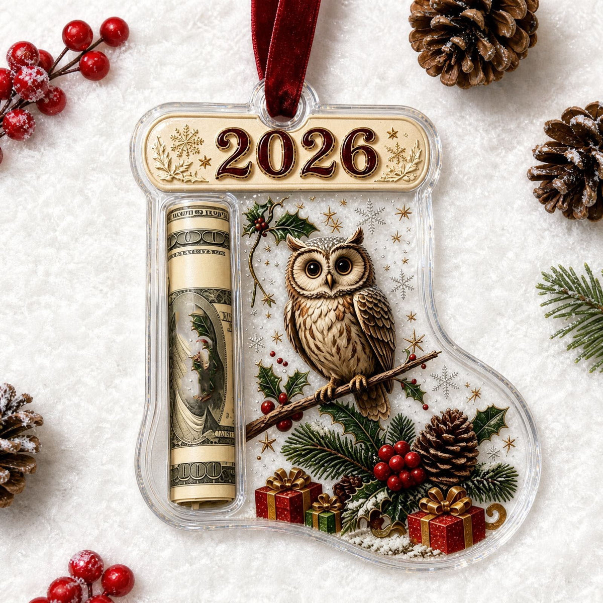 Christmas Cash Gift Stocking Shaped Ornament, Crystal-Clear Cash Holder Ornament with Xmas Stocking Design, Hanging Money Keepsake for Christmas Tree Wreath Garland, Surprise for Family Friends (F)