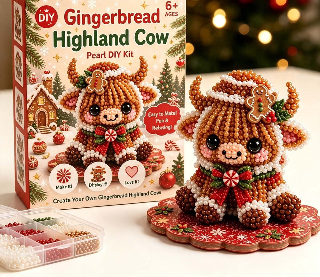 MYUNNIL Christmas Highland Cow 3D Pearl Bead Kit, Small Cute Beginner Friendly Complete Animal Themed Handcraft Set, Fun Whimsical Decorative Ornament for Home Decor & Holiday Gift, ( Xmas Tree )