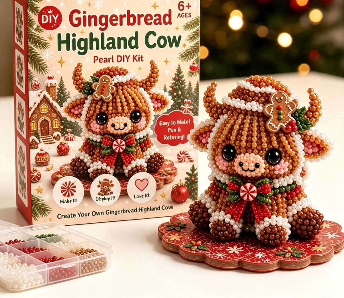 MYUNNIL Christmas Highland Cow 3D Pearl Bead Kit, Small Cute Beginner Friendly Complete Animal Themed Handcraft Set, Fun Whimsical Decorative Ornament for Home Decor & Holiday Gift, ( Xmas Tree )