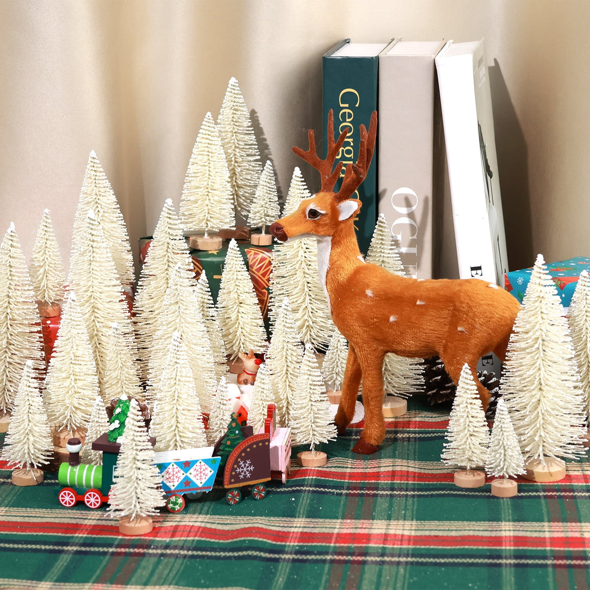 Ayieyill 30PCS Artificial Mini Christmas Trees, Upgrade Sisal Pine Trees with Wood Base Bottle Brush Trees for Christmas Table Top Decor(Green, Gold and Ivory)