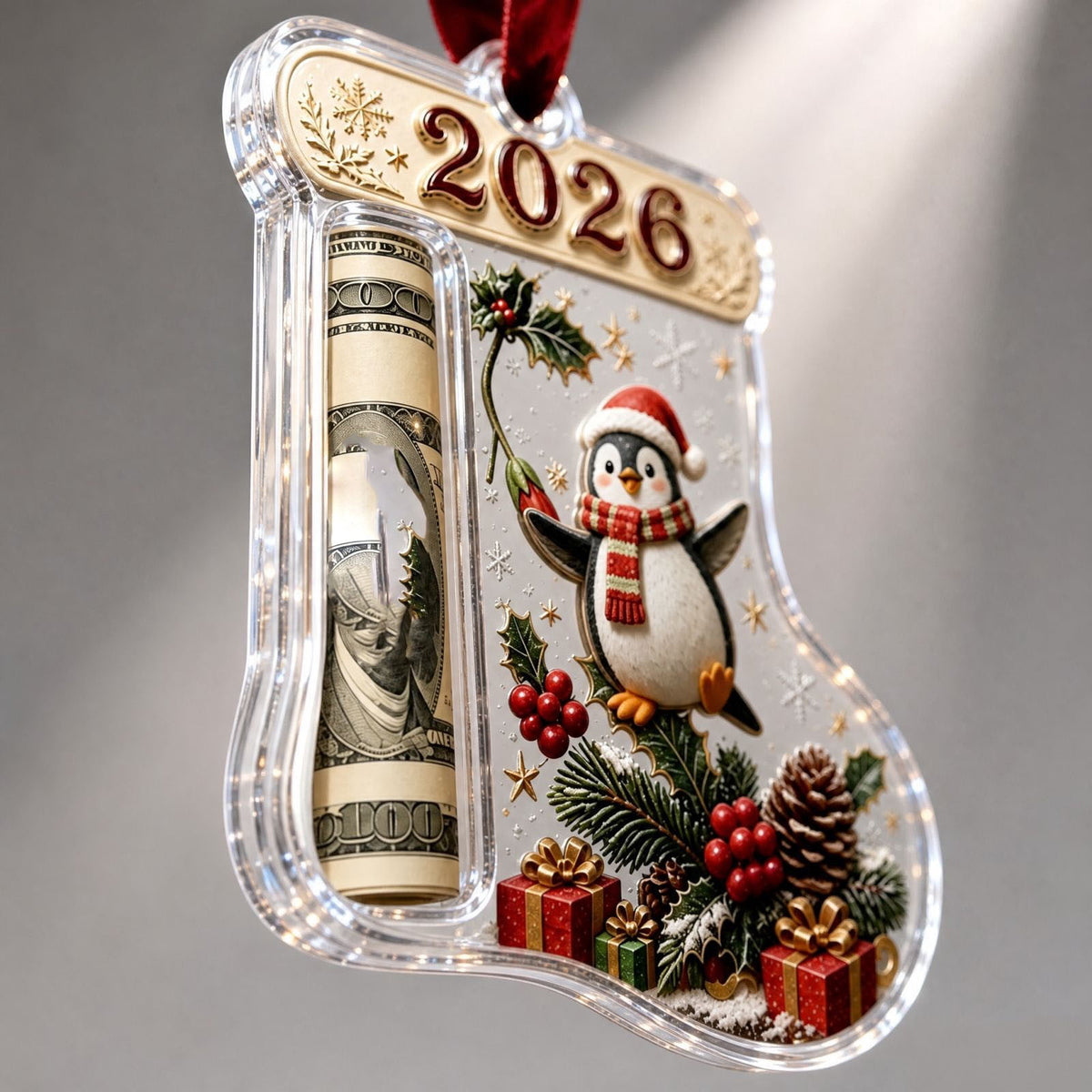 Christmas Cash Gift Stocking Shaped Ornament, Crystal-Clear Cash Holder Ornament with Xmas Stocking Design, Hanging Money Keepsake for Christmas Tree Wreath Garland, Surprise for Family Friends (F)
