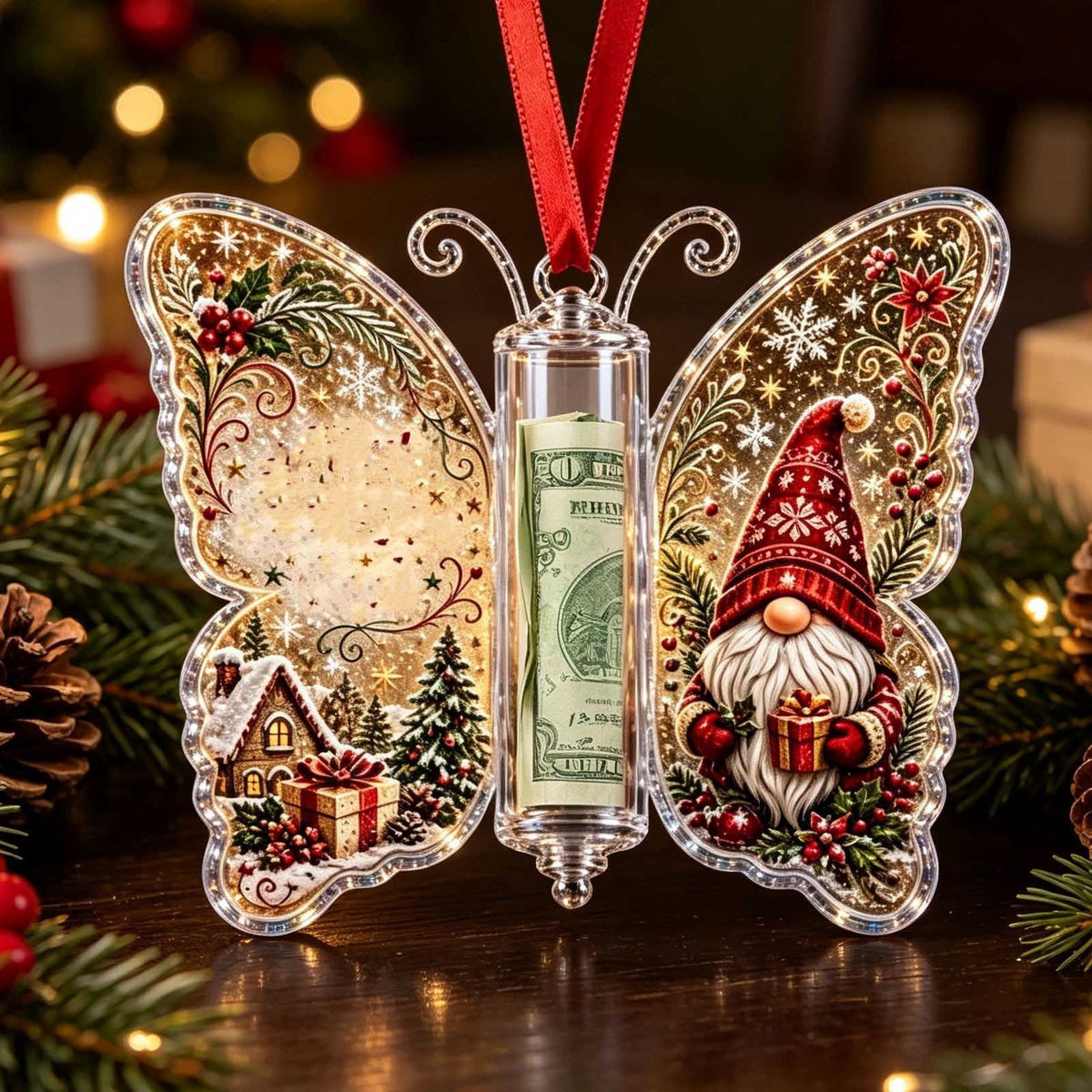 Christmas Cash Gift Stocking Shaped Ornament, Crystal-Clear Cash Holder Ornament with Xmas Stocking Design, Hanging Money Keepsake for Christmas Tree Wreath Garland, Surprise for Family Friends (F)
