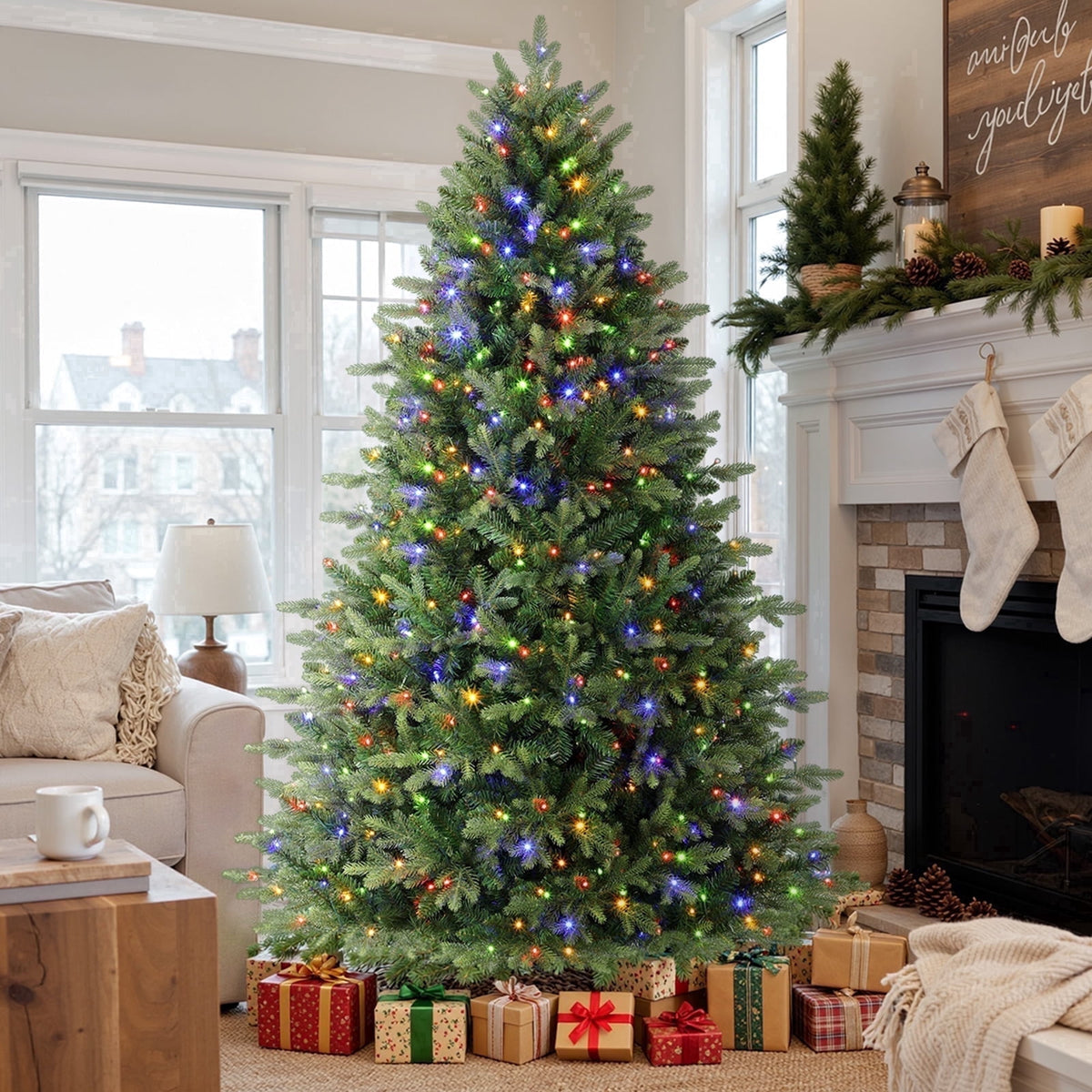 Lolsea 5.5ft Prelit Noble Fir Artificial Christmas Tree with Remote Control, Timer and Warm White & Multi-Color Lights