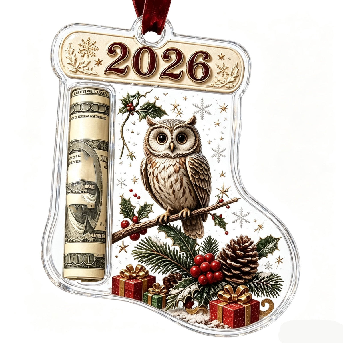 Christmas Cash Gift Stocking Shaped Ornament, Crystal-Clear Cash Holder Ornament with Xmas Stocking Design, Hanging Money Keepsake for Christmas Tree Wreath Garland, Surprise for Family Friends (F)