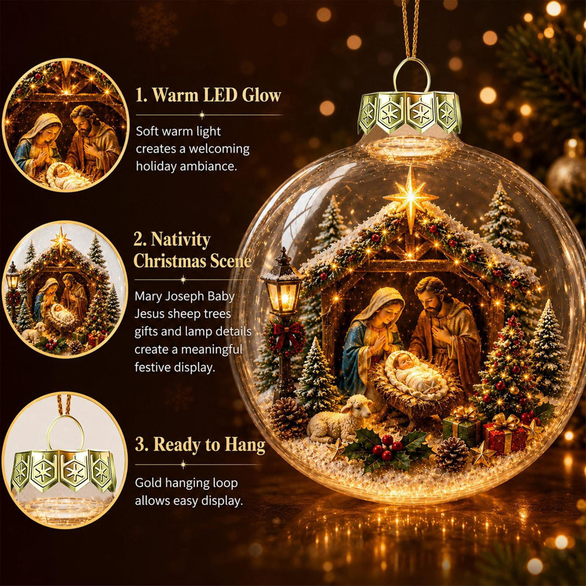 Glowing Christmas Story Ornament, Light-Up Mini Holiday Scene, Festive Keepsake for Christmas Tree, Mantel & Christmas Party Decor (Nativity)