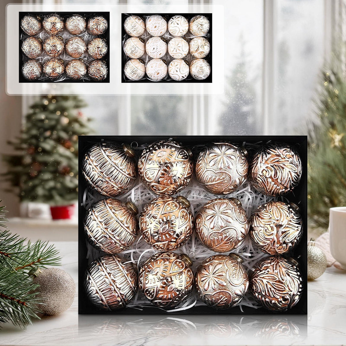 Christmas Ornaments, 12PCS White and Gold Embossed Christmas Balls Hanging Decorations for Tree Garland Wreath Indoor Outdoor Holiday Party Decor