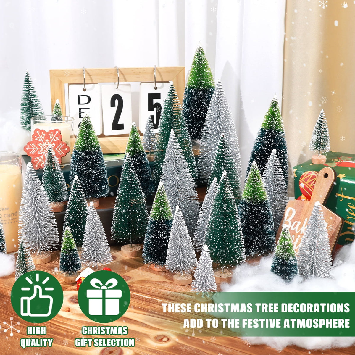 Ayieyill 30PCS Artificial Mini Christmas Trees, Upgrade Sisal Pine Trees with Wood Base Bottle Brush Trees for Christmas Table Top Decor(Green, Gold and Ivory)