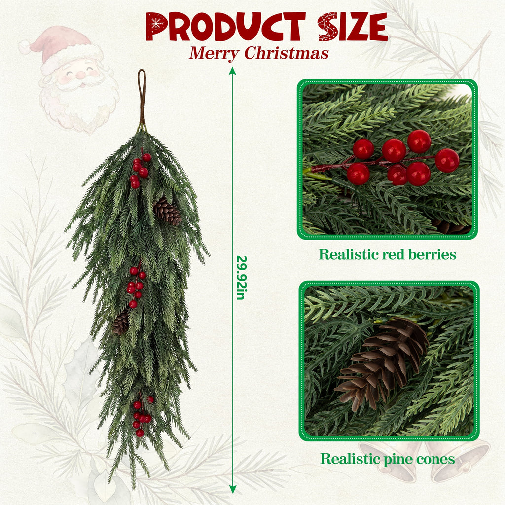 Leyaron Christmas Swags Decorations, 2 Pcs 30" Christmas Artificial Norfolk Pine Greenery Teardrop Wreath for Indoor Outdoor Table Mantle Fireplace Xmas Decor