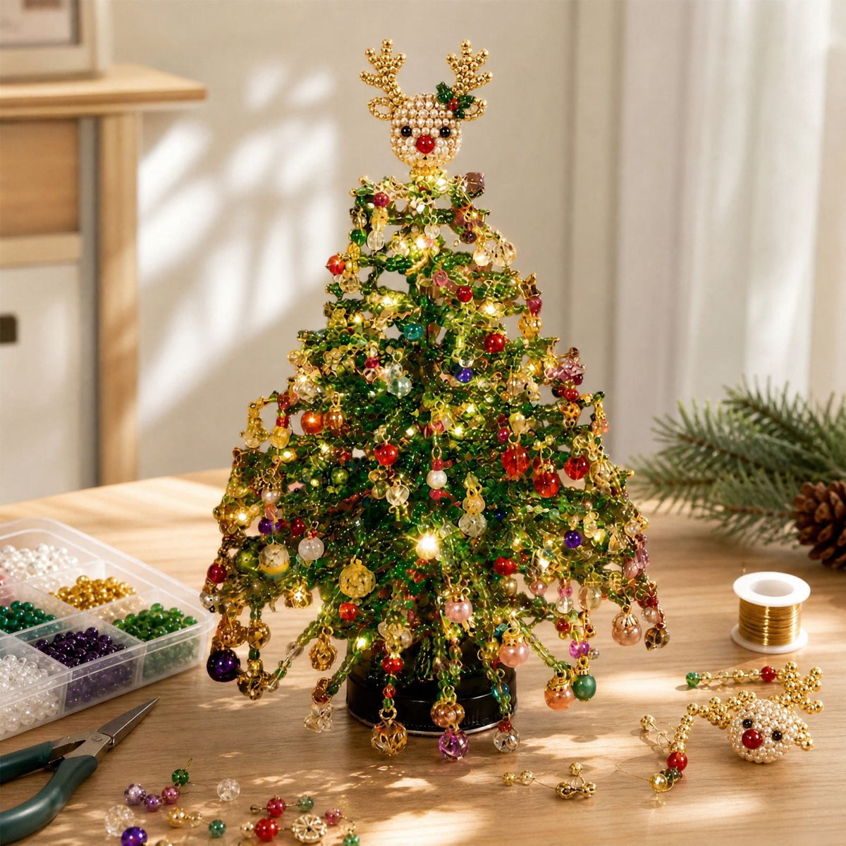 Clearance DIY Beaded Christmas Tree Kit, Crystal Holiday Craft Set for Adults, Colorful Beads, Ornament Charms, Metal Frame, Warm Glow Display, Tabletop Decor, Christmas Gift (Classic)