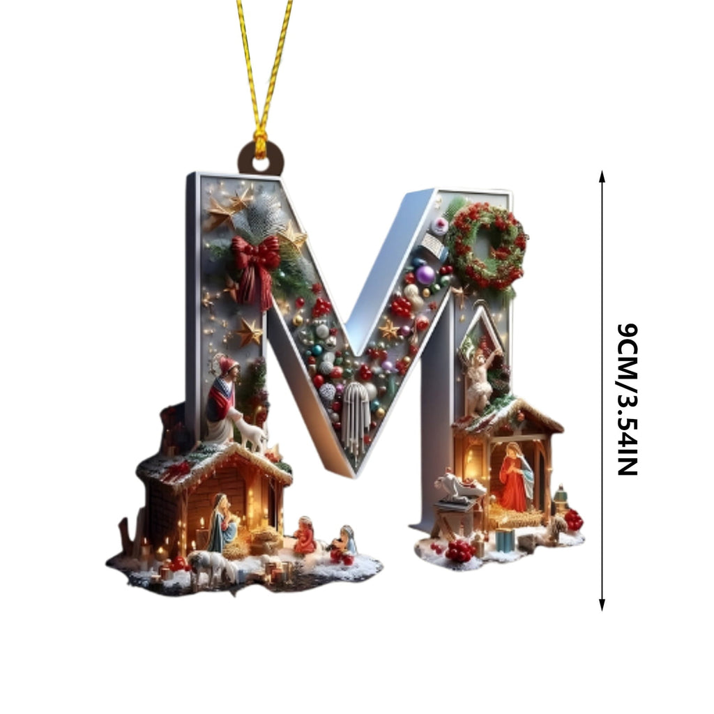 Nativity Scene Letters Ornament, A to Z Alphabet Ornaments for Xmas Tree, Jesus Letters Initial 2D Acrylic Flat Hanging Decoration, The Birth of Jesus Design, Rear view-Christian Gifts for Family (M)