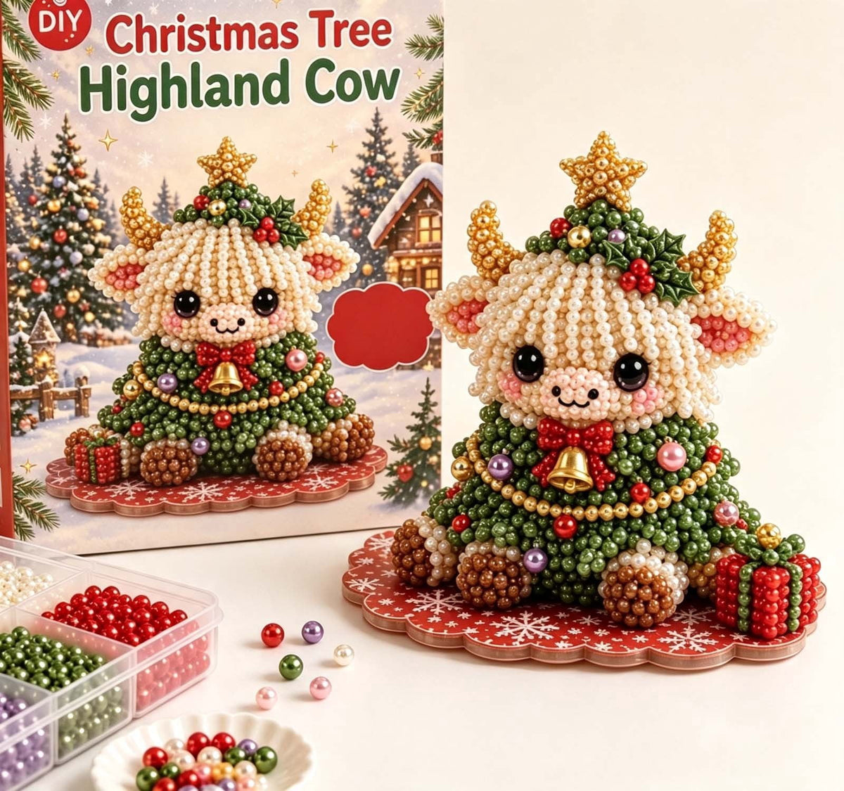 MYUNNIL Christmas Highland Cow 3D Pearl Bead Kit, Small Cute Beginner Friendly Complete Animal Themed Handcraft Set, Fun Whimsical Decorative Ornament for Home Decor & Holiday Gift, ( Xmas Tree )