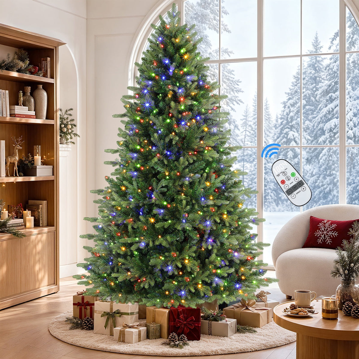 Lolsea 5.5ft Prelit Noble Fir Artificial Christmas Tree with Remote Control, Timer and Warm White & Multi-Color Lights