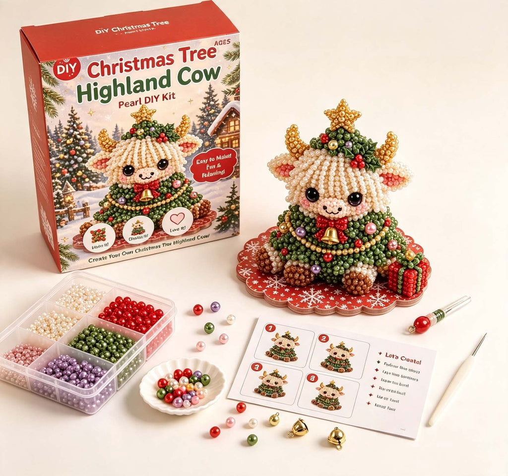 MYUNNIL Christmas Highland Cow 3D Pearl Bead Kit, Small Cute Beginner Friendly Complete Animal Themed Handcraft Set, Fun Whimsical Decorative Ornament for Home Decor & Holiday Gift, ( Xmas Tree )