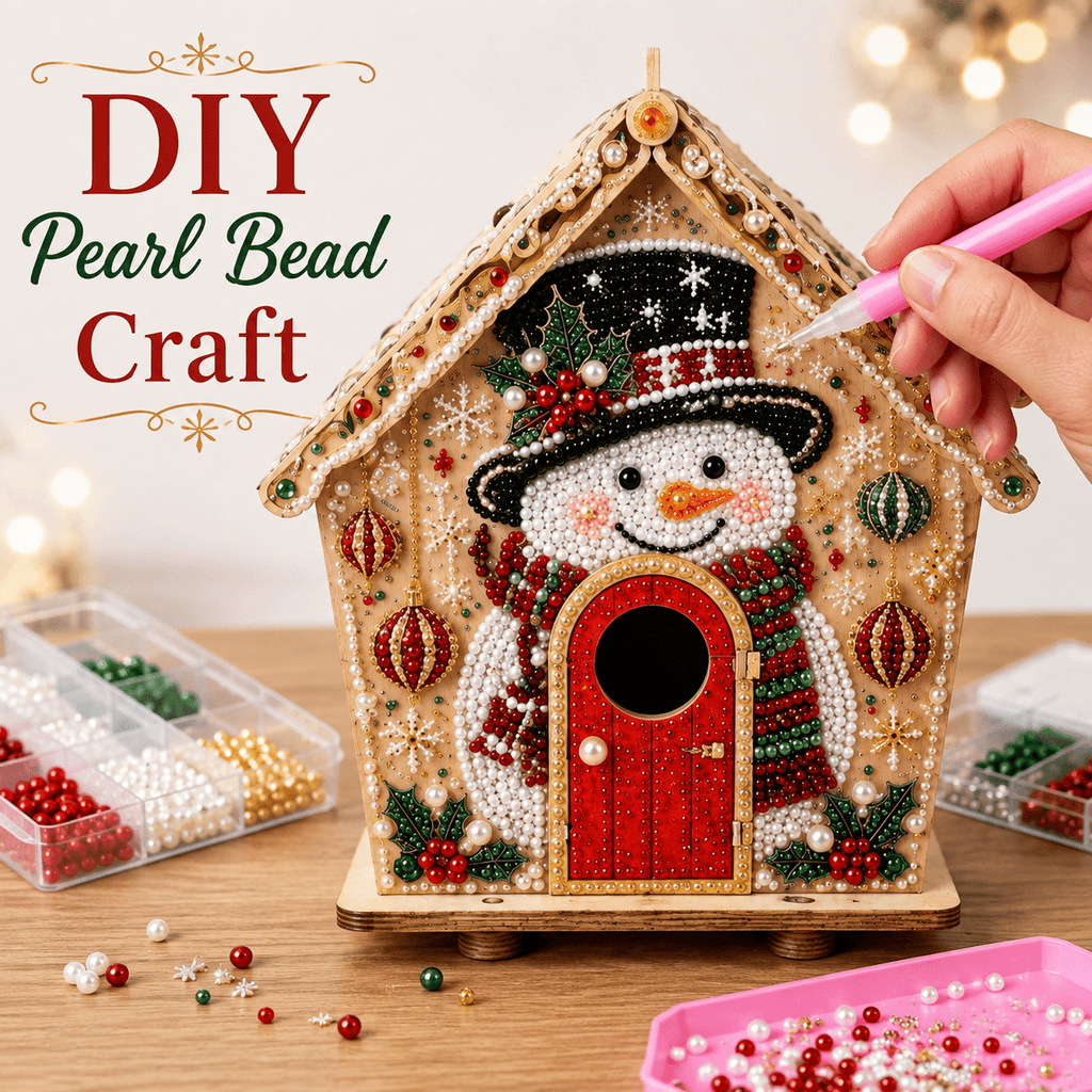Christmas Pearl Bead Art Kit 3D House Ornament Craft Set For Christmas Tree Tabletop Mantel Shelf And Indoor Winter Holiday Decoration White