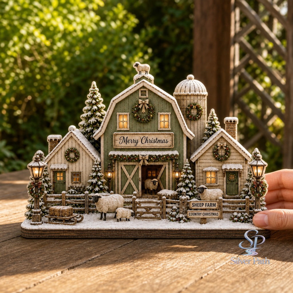 Wooden Block Decor Sheep Farm Christmas Barn Wood Tabletop Display for Farmhouse Holiday Decor