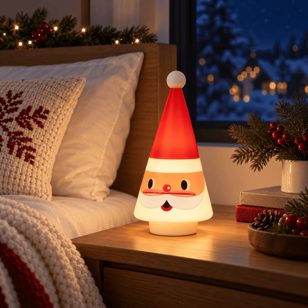 Feledorashia Lighted Santa Figurine, Christmas Tabletop Decoration, 7.87 Inch Cone-Shaped Santa Character Lamp for Mantels Shelves and Entryway Tables, Molded Resin with Internal Light